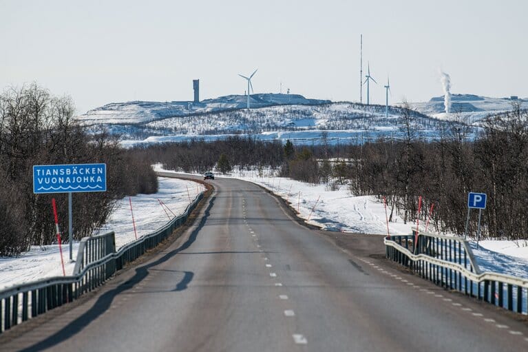 Wind turbines in the area of Kiruna city in Lappland region, Sweden ...