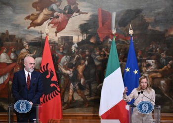 Italy's Prime Minister, Giorgia Meloni and Albania's Prime Minister Edi Rama give a joint press conference at Palazzo Chigi after their meeting in Rome on November 6, 2023. (Photo by Tiziana FABI / AFP)