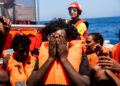 Picture taken on August 3, 2023 shows some of the 266 migrants rescued by members of the Spanish NGO Proactiva Open Arms when they were crossing the Mediterranean sea on little boats off the Libyan coast. (Photo by Matias CHIOFALO / AFP)